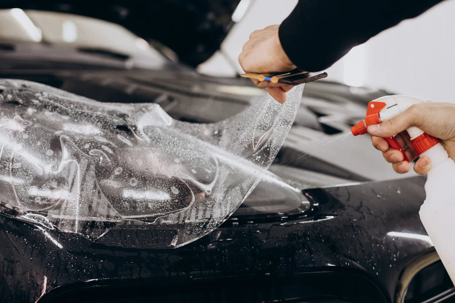 Clear paint protection film being applied to a black hood